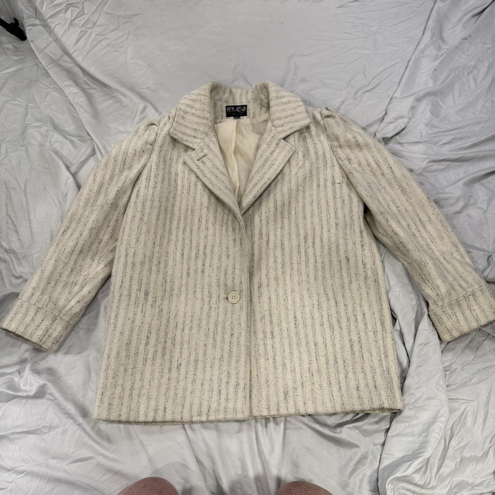 Vintage Elco Coat‎ Womens 5/6 White Striped Wool Blend Tweed Mid Length Overcoat